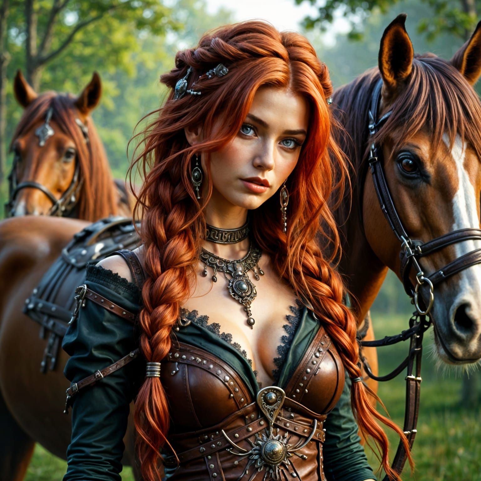 Ethereal Celtic Warrior Goddess Standing with Clydesdale Hor...