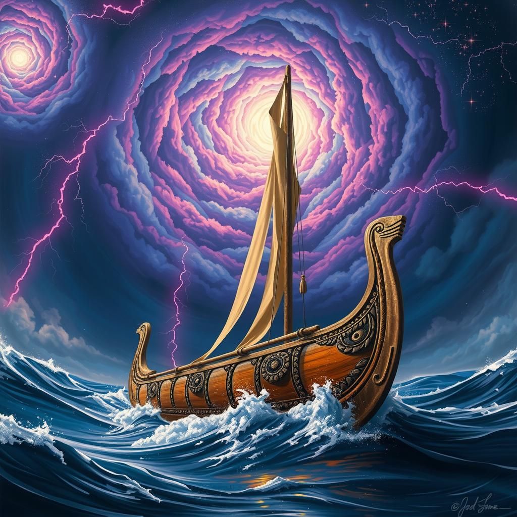 Cosmic Storm: Melanesian Canoe in Dark Surrealism