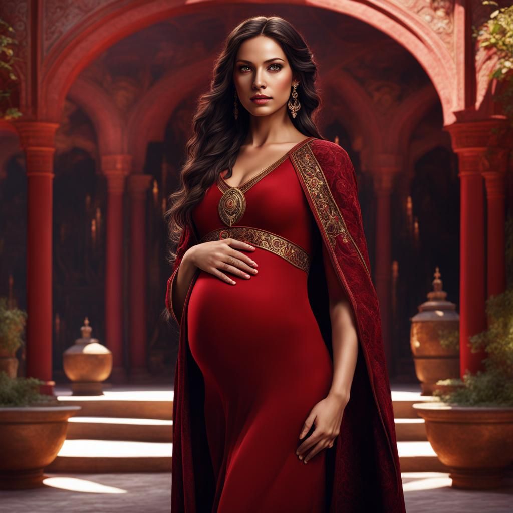 Beautiful Pregnant Woman in Crimson Robes, Fantasy Art