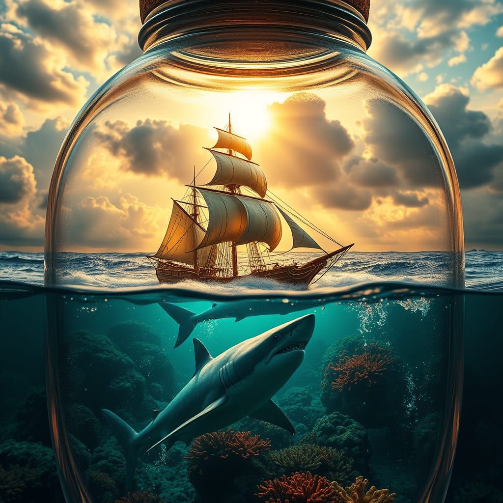 Epic Glass Jar Scene with Wooden Ship and Shark