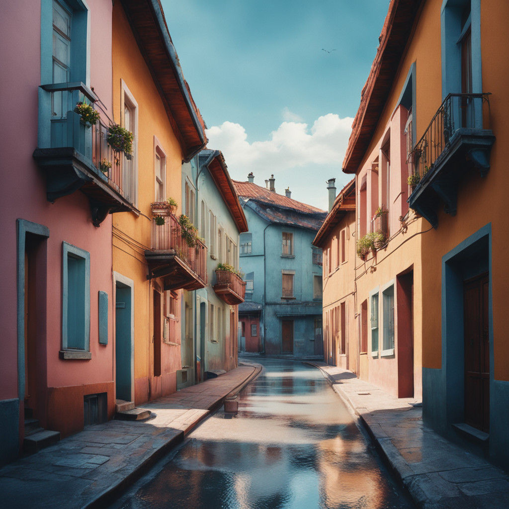 Ethereal Row of Old Houses Basks in Warm, Soft Light