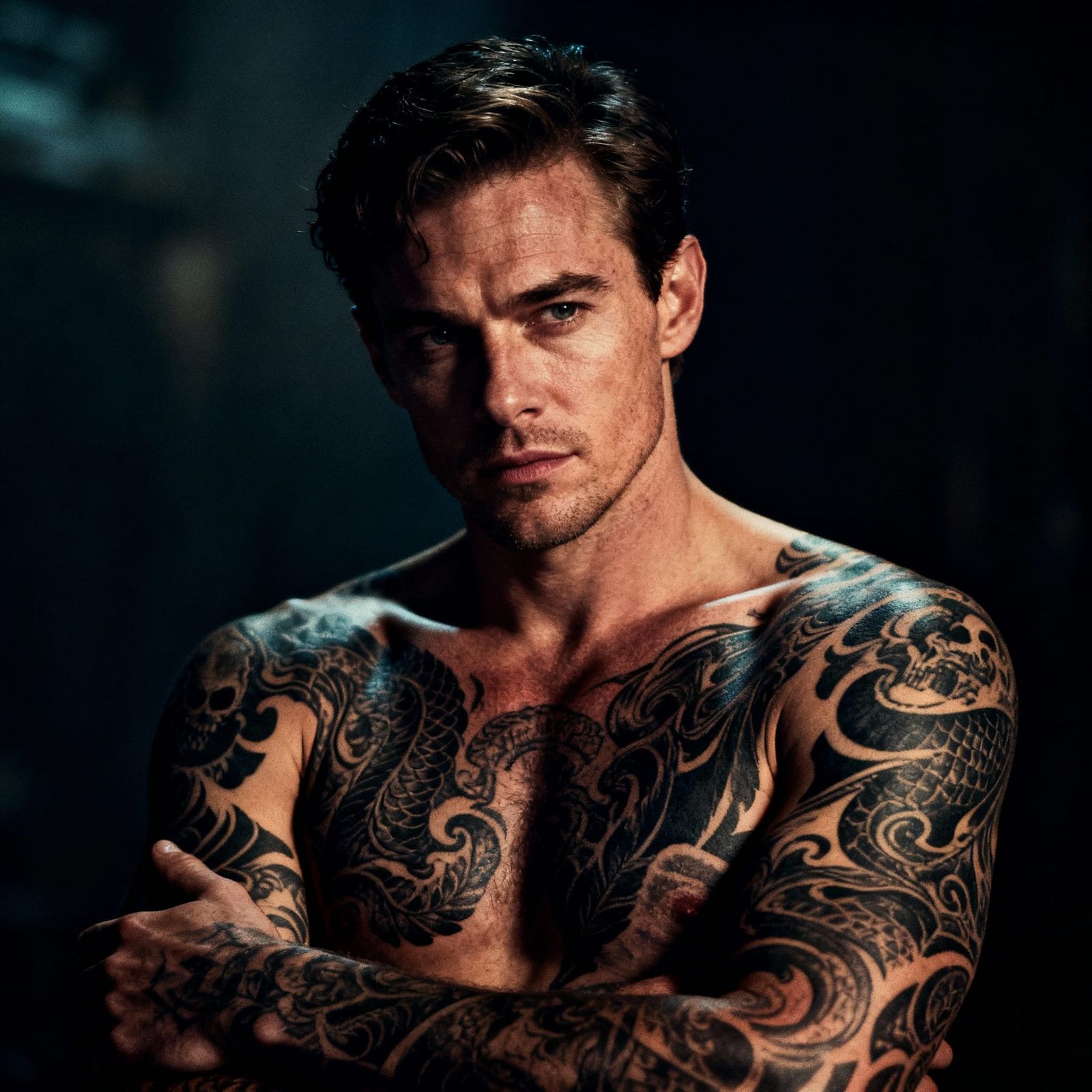Handsome Man with Dark Ink Tattoos - Cinematic Film Still