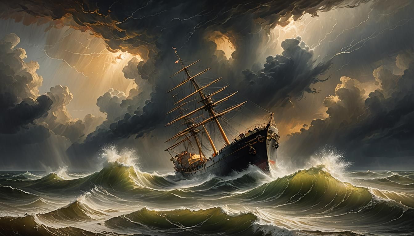 Stormy Seas: Cargo Ship in a Dramatic Seascape Painting