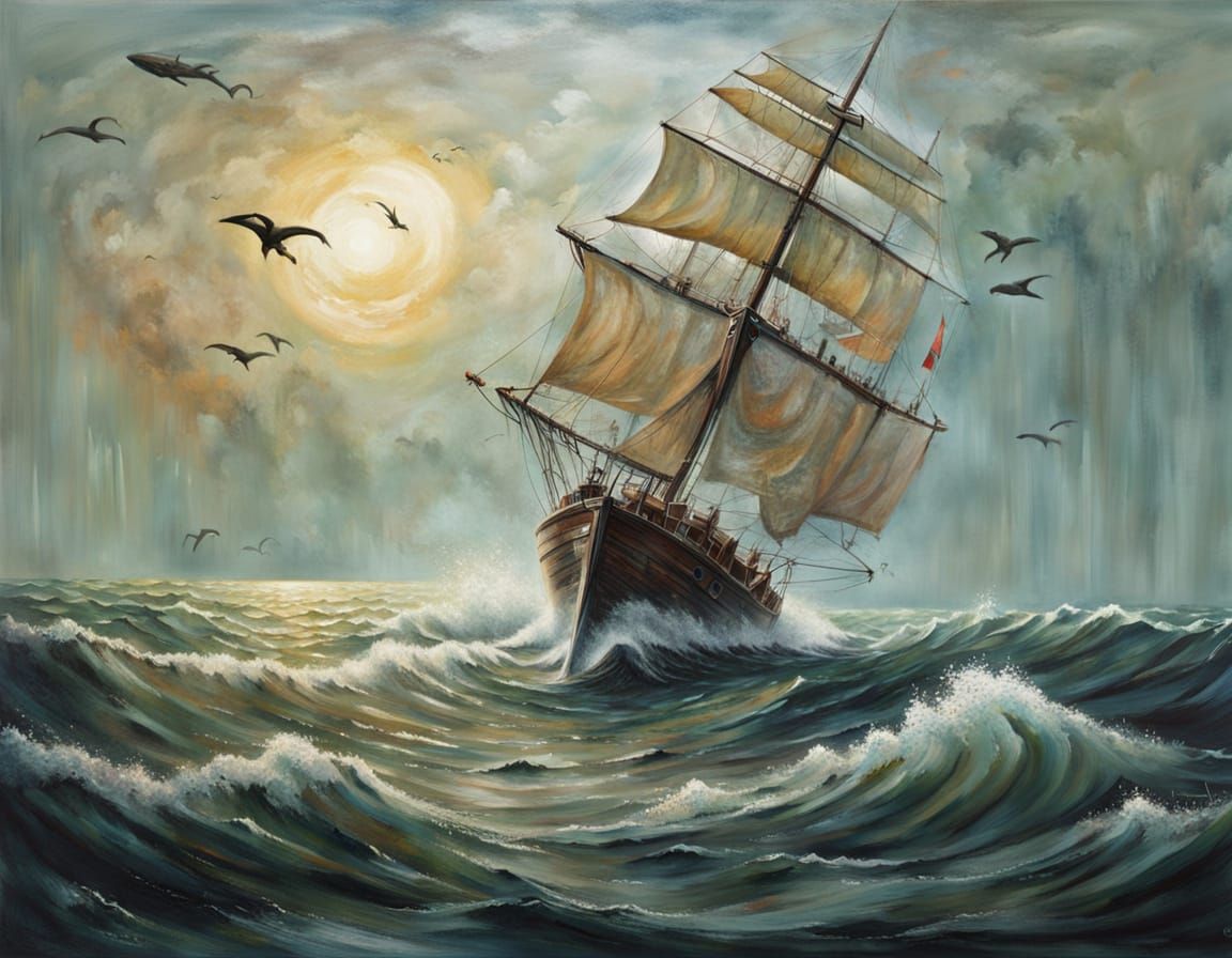 Ghostly Flying Dutchman Breaches Ocean: Oil Painting