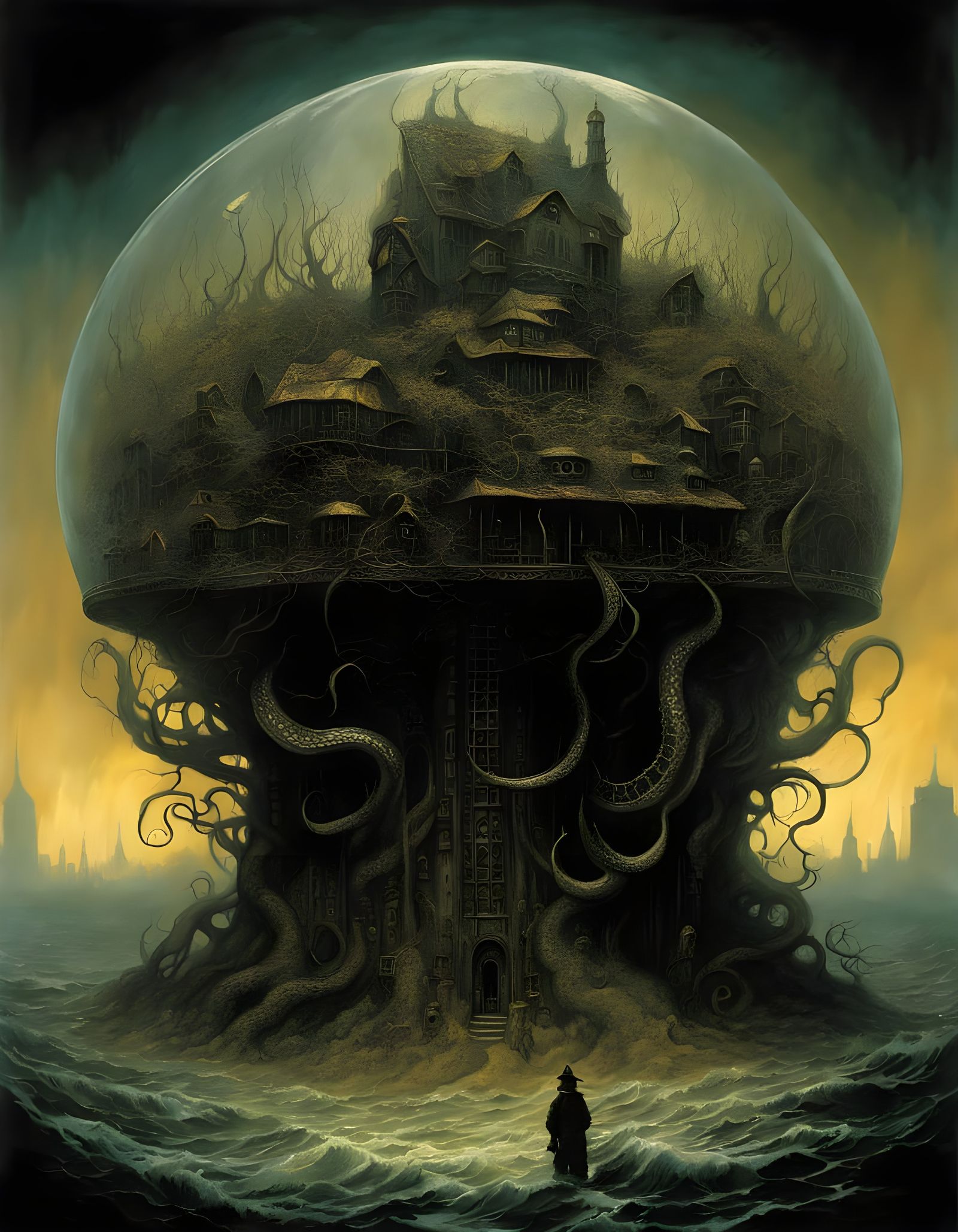 Whimsical Eldritch Dreamscape in a Snowglobe