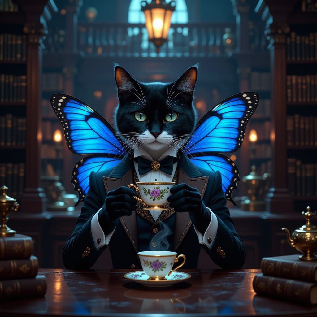 Anthropomorphic Cat in Victorian Library Cafe