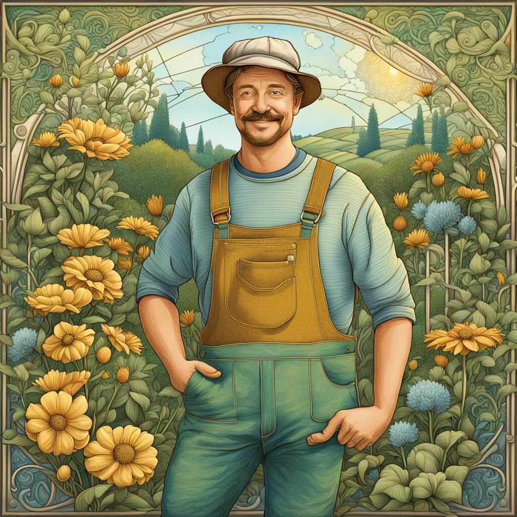 Art Nouveau Gardener in English Country Garden
