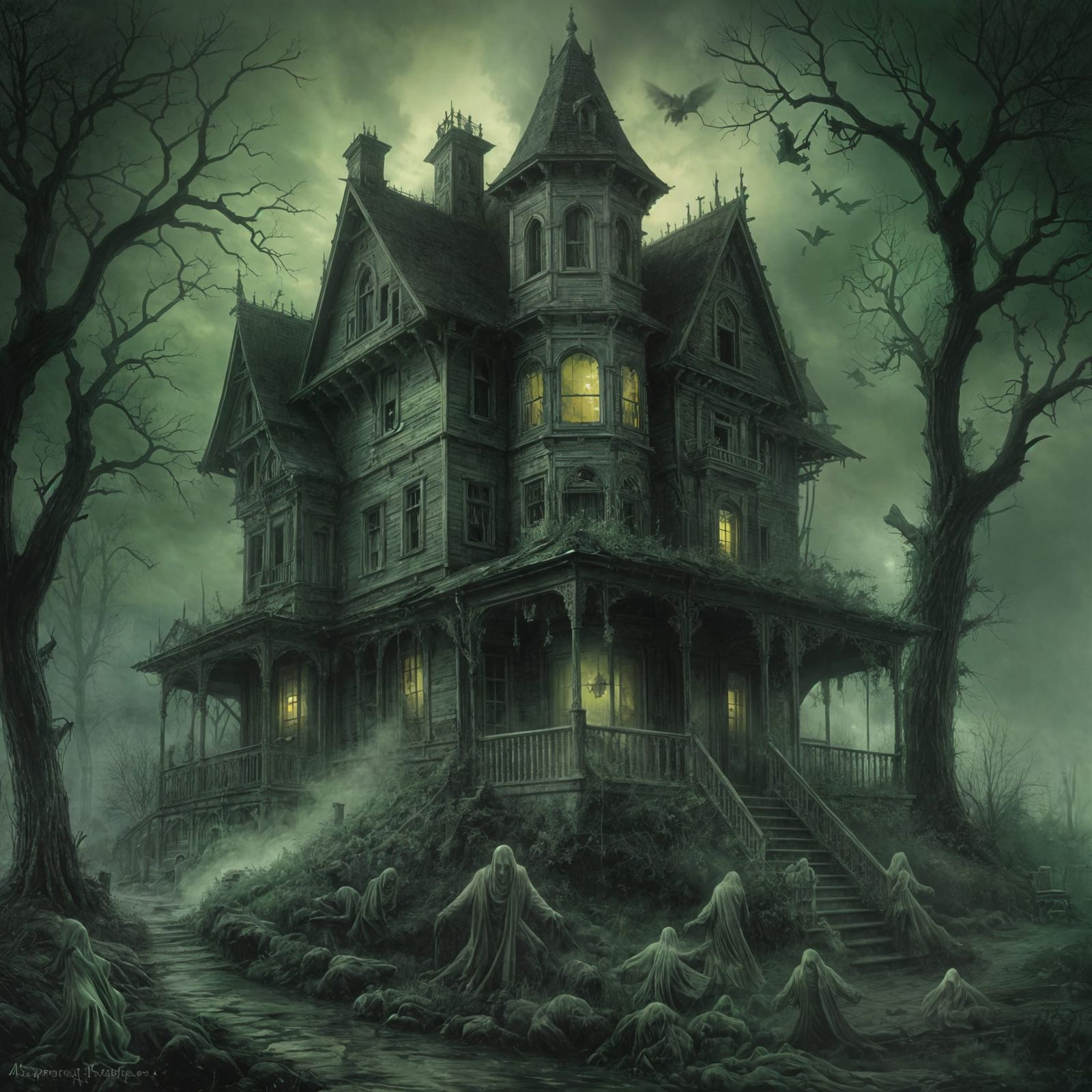 Grimdark Haunted House with Green Ghosts