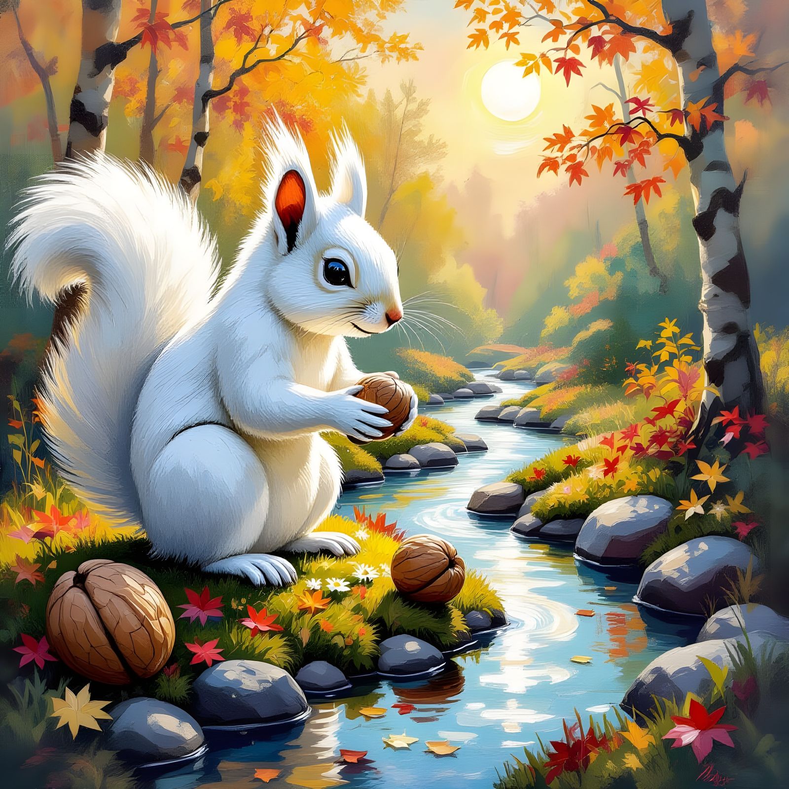 Giant Robot Squirrel Pollinating Zen Garden in Autumn