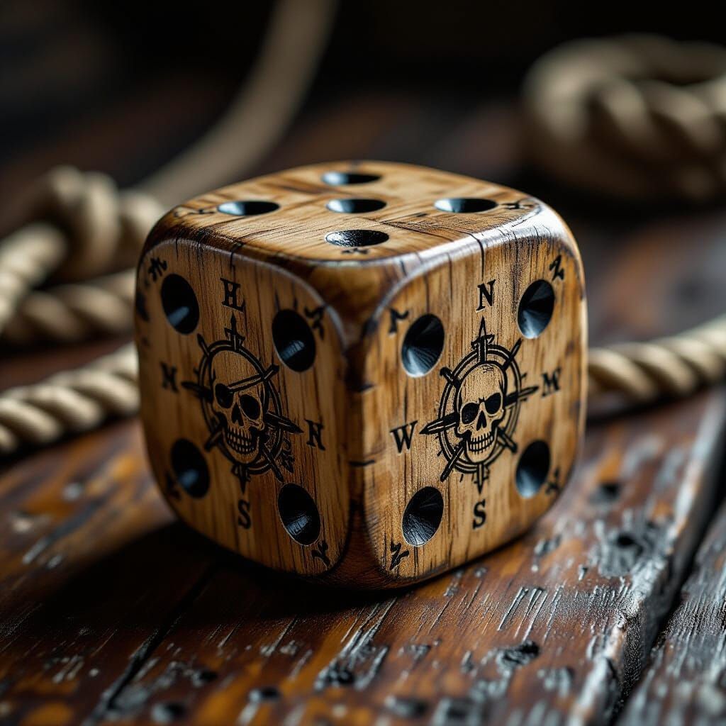 Weathered Pirate Dice with Skull and Ship Motifs