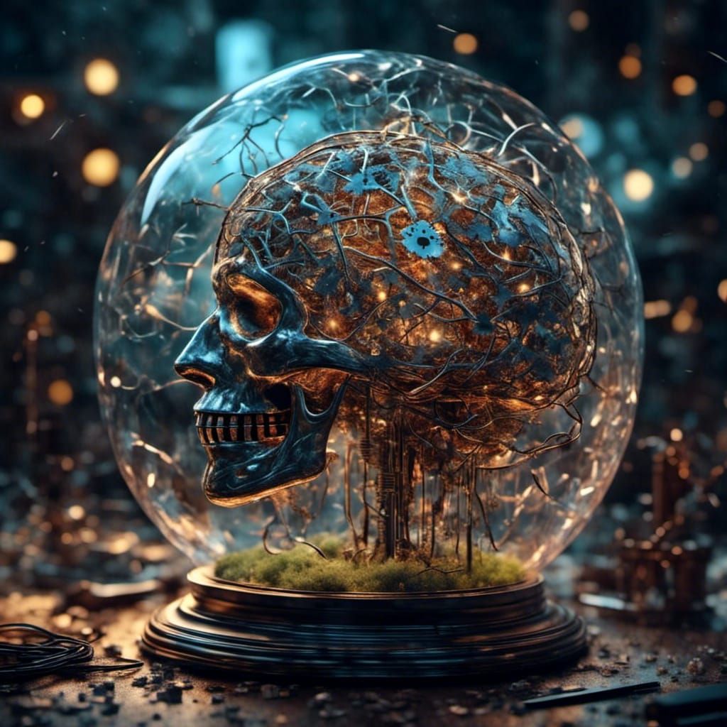 Shattered Glass Dome Reveals Scrap Metal Brain