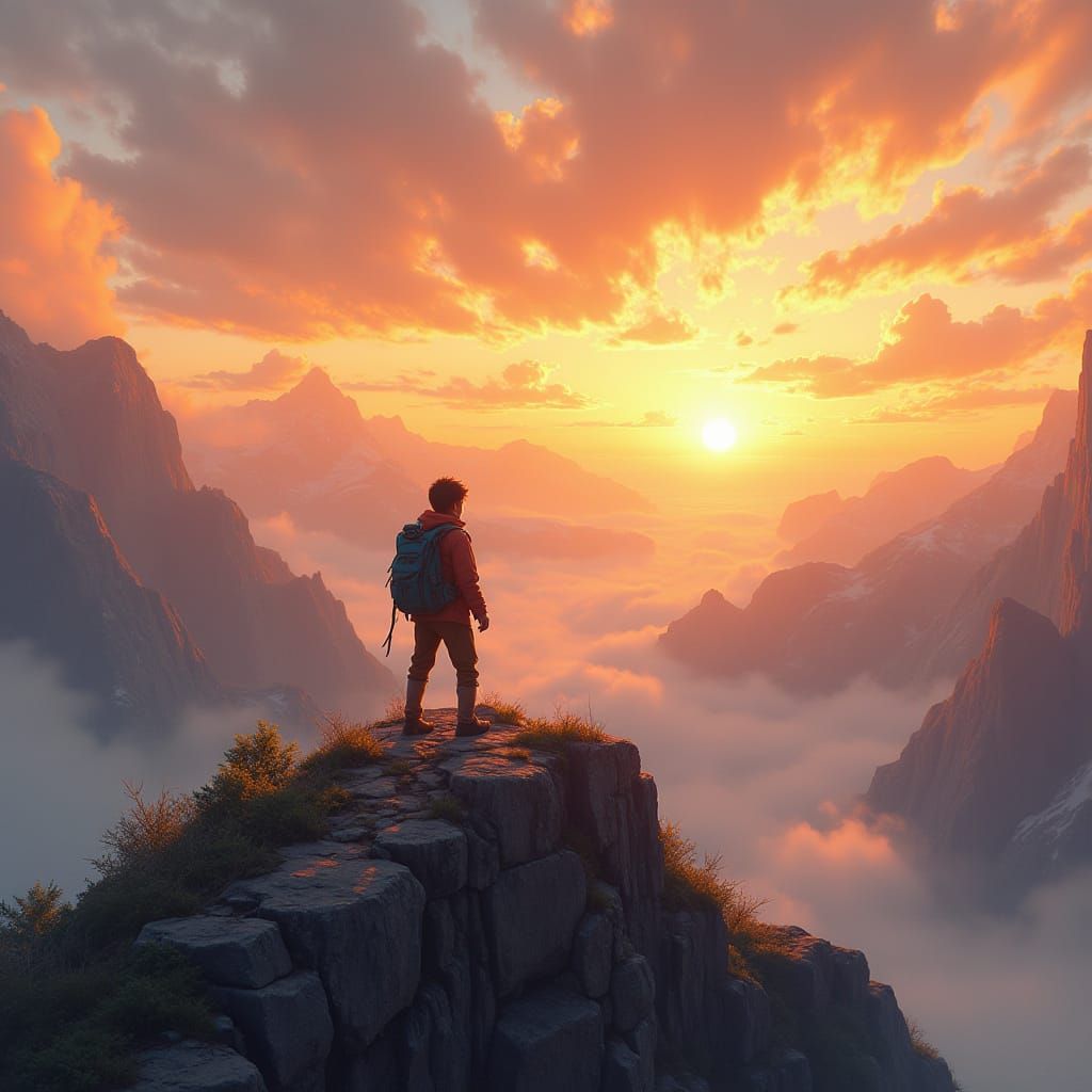 Hopeful Climber Surveys Vibrant Sunrise Landscape