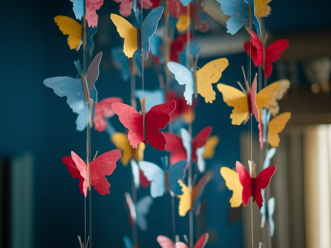 Colorful Paper Butterflies Mobile: Cinematic Still