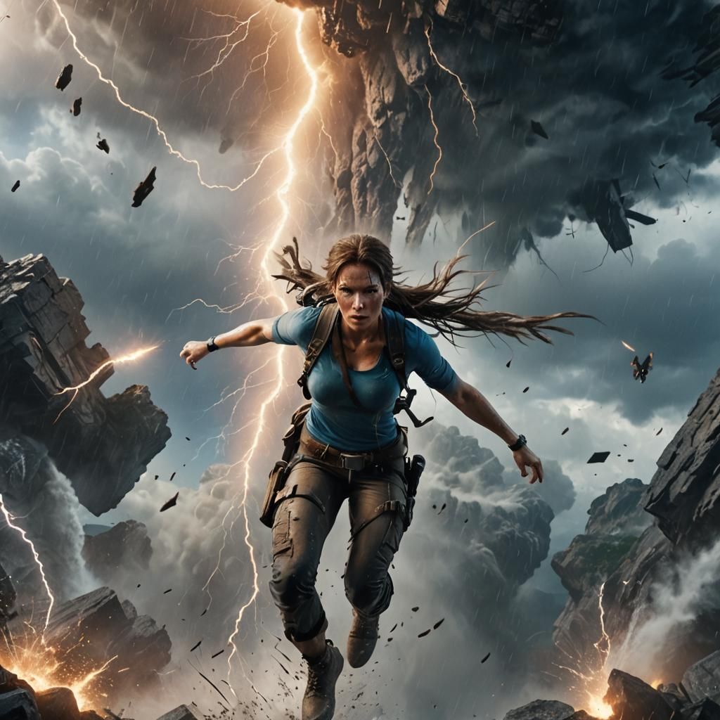 Lara Croft jumping out of an exploding airplane in a lightni...