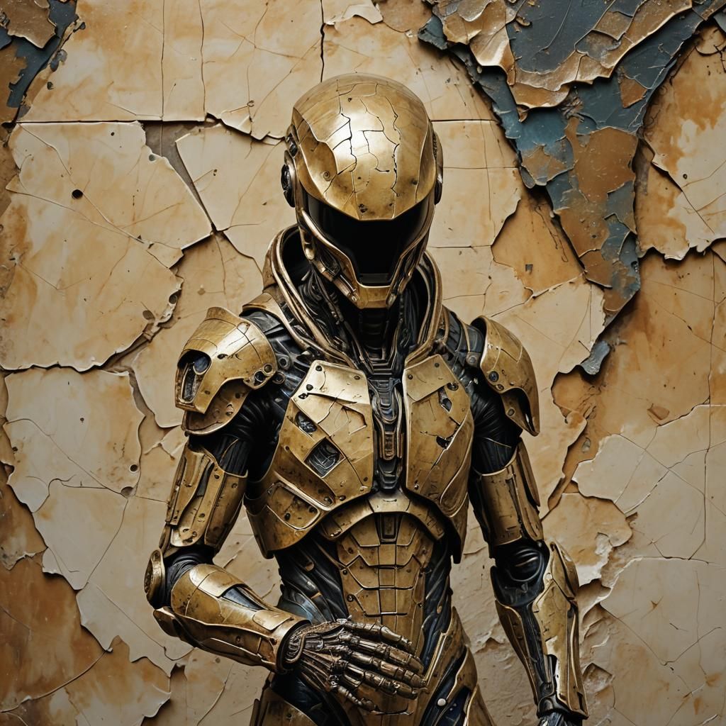 Intricate Bronze Suit Sculpture with Cracks and Peeling Pain...