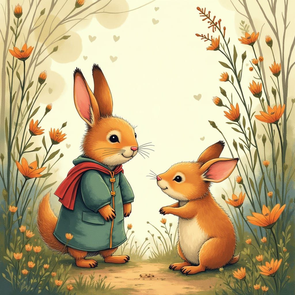 Whimsical Woodland Scene in Folk-Art Style