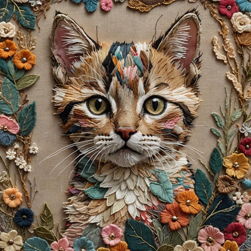 Textile Kitten Collage with Embroidery