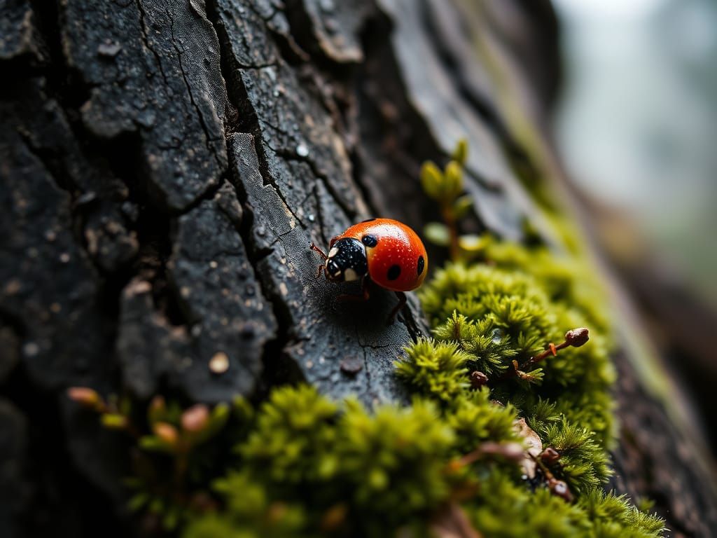 Ladybug on Ancient Tree Bark in Vivid Macro Photography