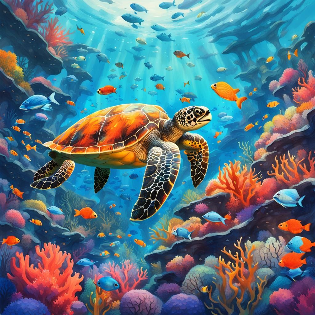Vibrant Coral Reef Scene in Ink Painting Style