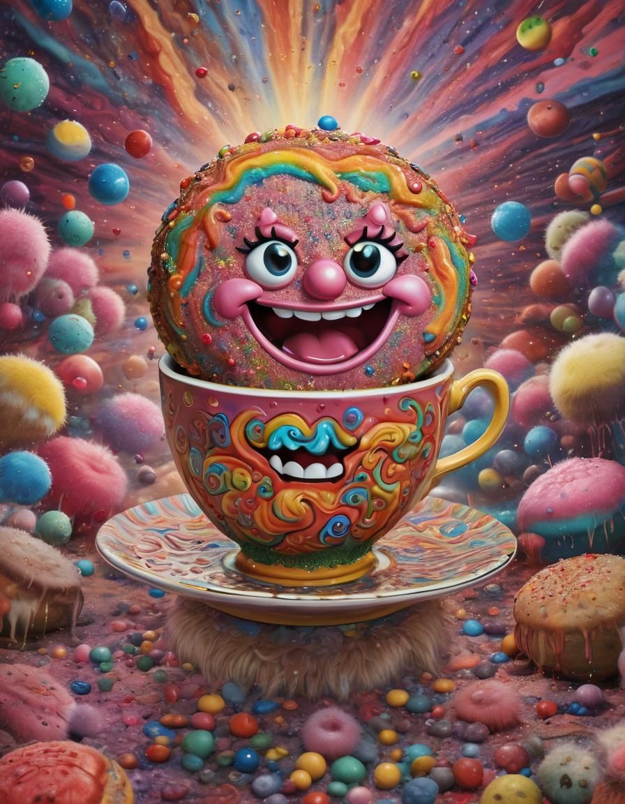 Psychedelic Fur Cushion over Teacup in Surreal Landscape