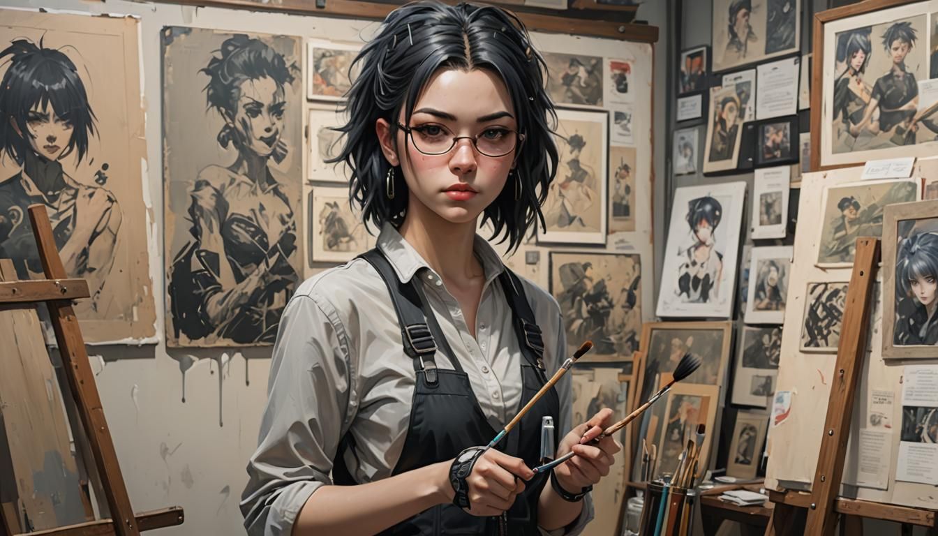 Cyberpunk Anime Girl with Painting