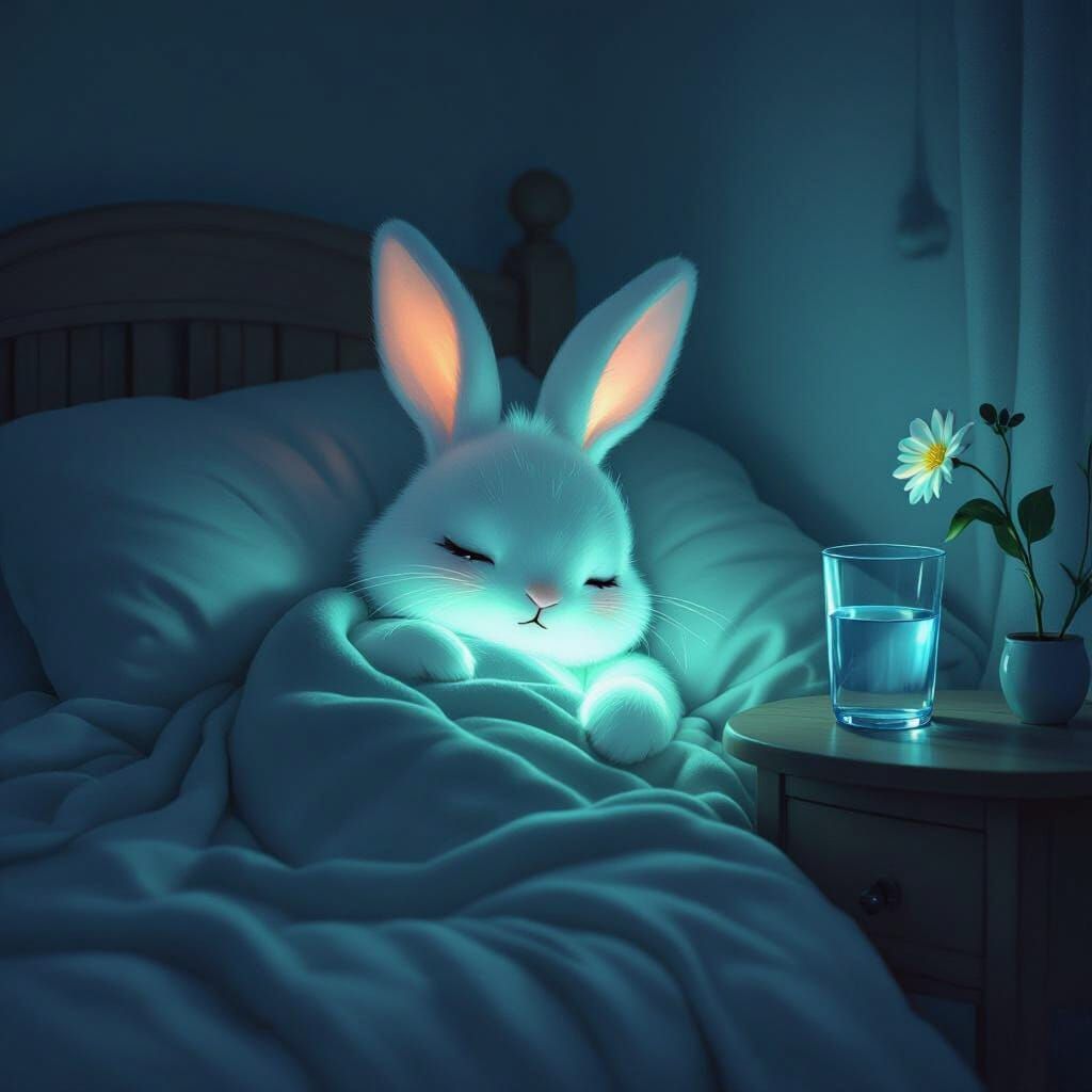 Sad Glow-in-the-Dark Bunny in Cozy Bedroom