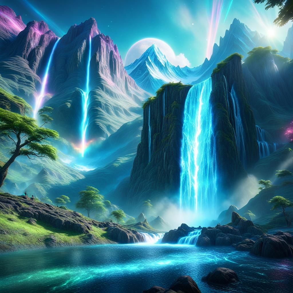 Mystical Creature at Astral Waterfall, Holographic Illustrat...