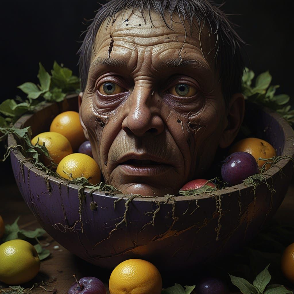 A Mysterious Face Amidst Rotting Fruit, Set in Warm, Golden ...