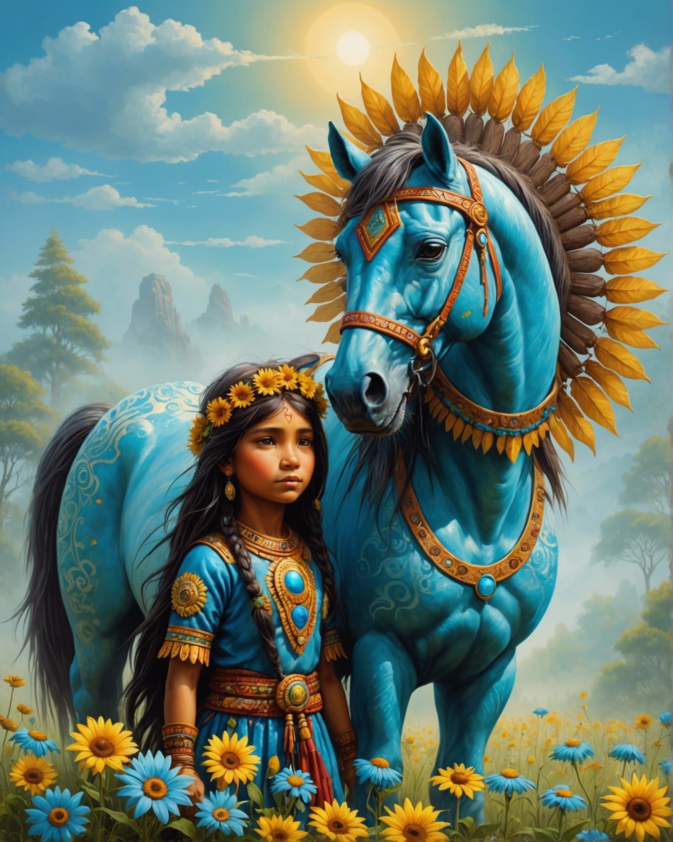 Cute Sun with Warhorse Face in Fantasy Style