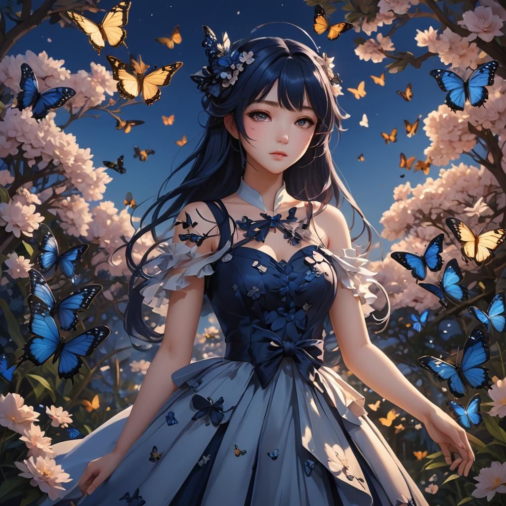 Anime Girl in Navy Blue Twilight Garden