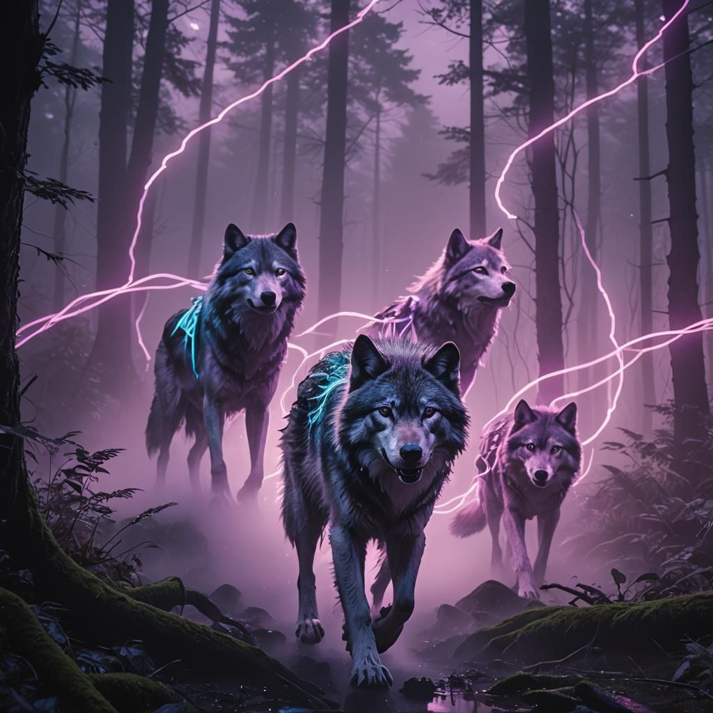 Neon Spirit Wolves in Misty Cyberpunk Forest