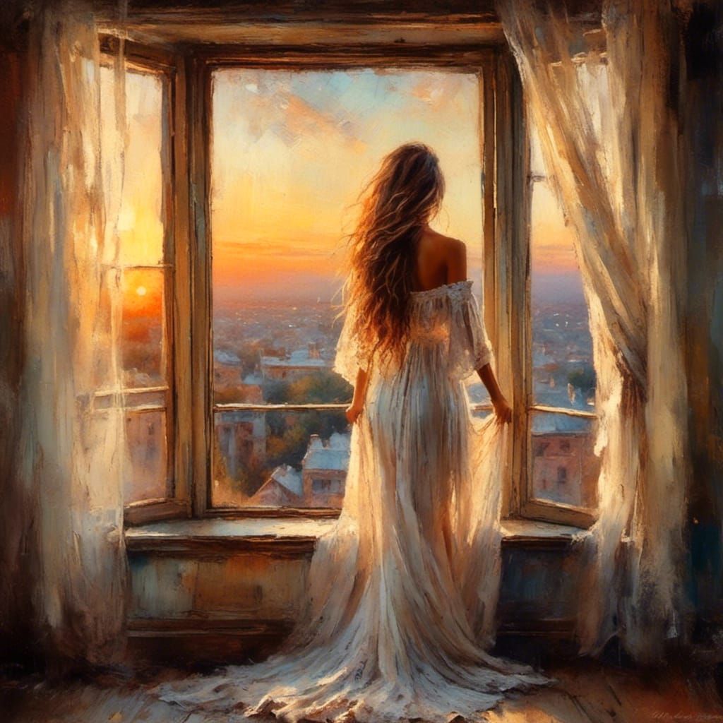Stunning Woman in White Gown at Sunset