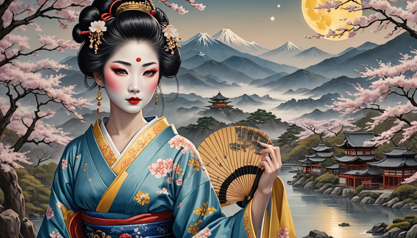 Geisha with Blue Eyes in Japanese Landscape