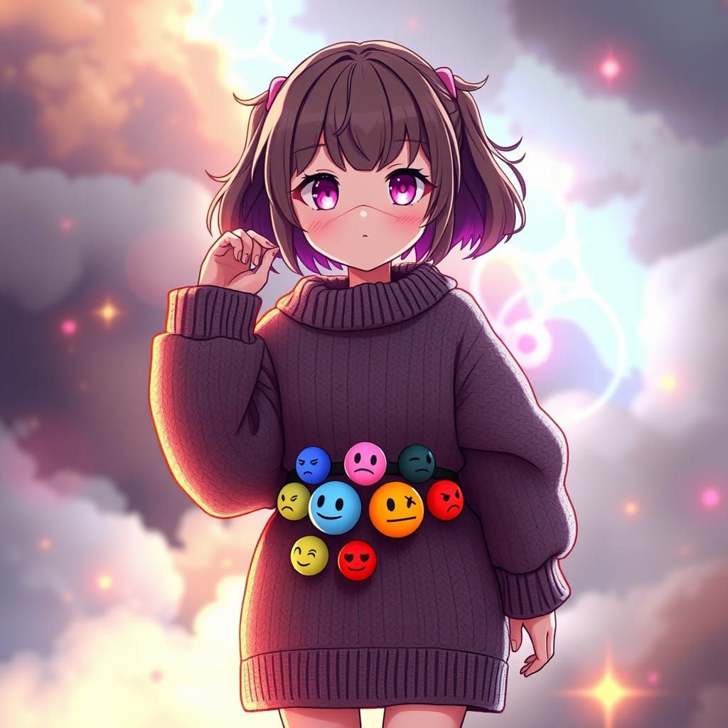 Girl in Whimsical Sweater Dress with Shifting Emotions