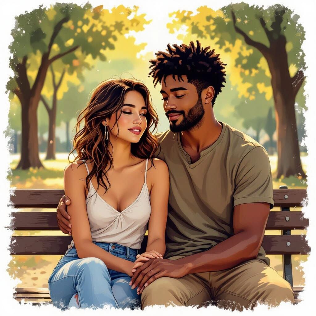 Couple in Love on Park Bench, Digital Art