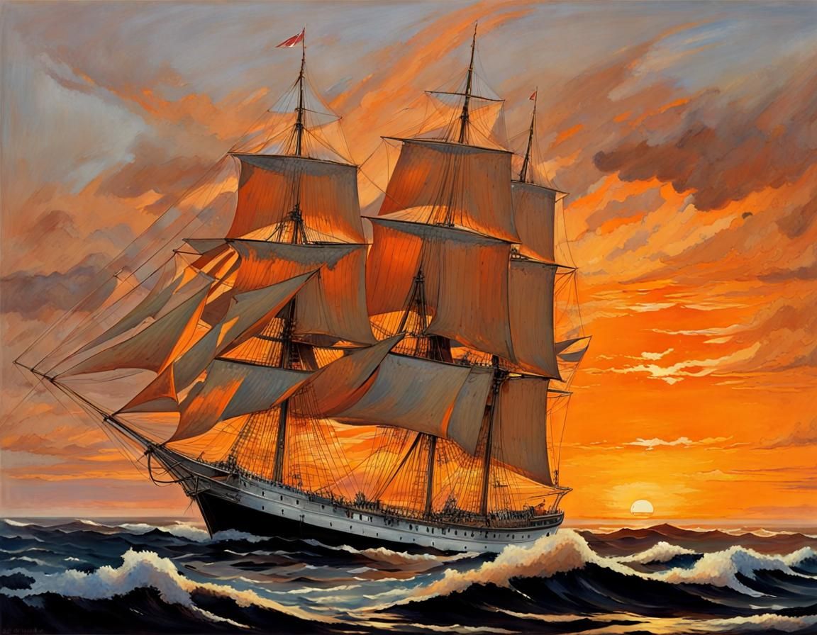 Sunrise Glow on Steel Barque in Pacific Seascape