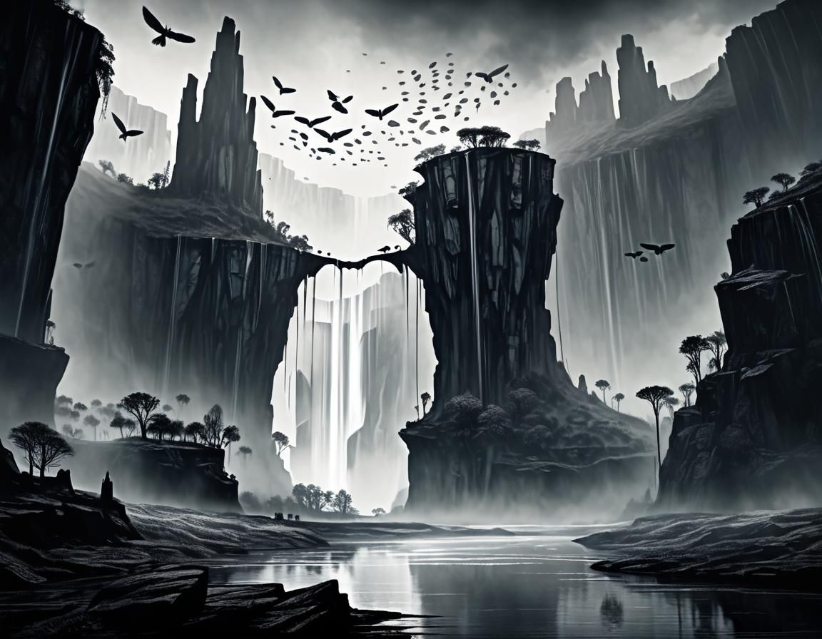 Mystical Floating Isle: Moody Charcoal Sketch