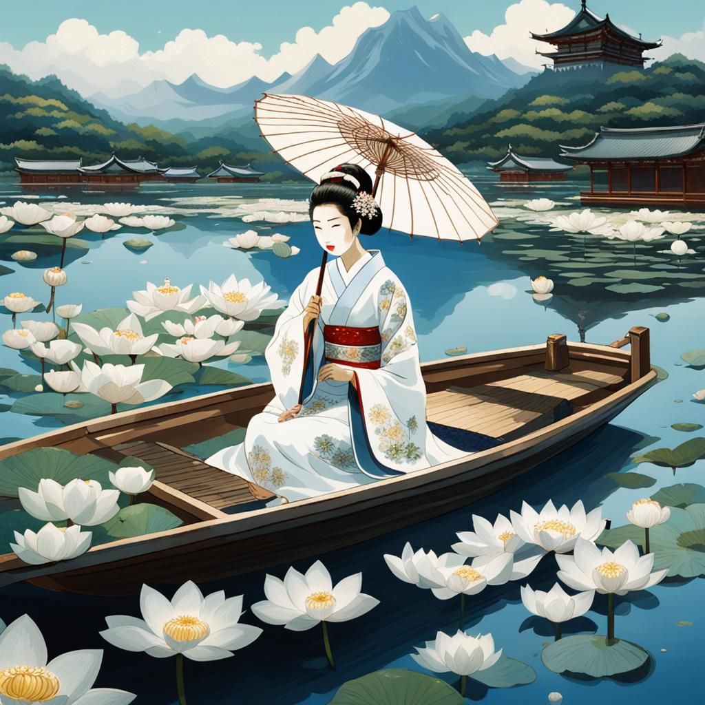 Geisha in Boat on Lotus Lake