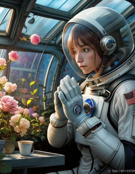 Astronaut Girl in Abandoned Spaceship Greenhouse