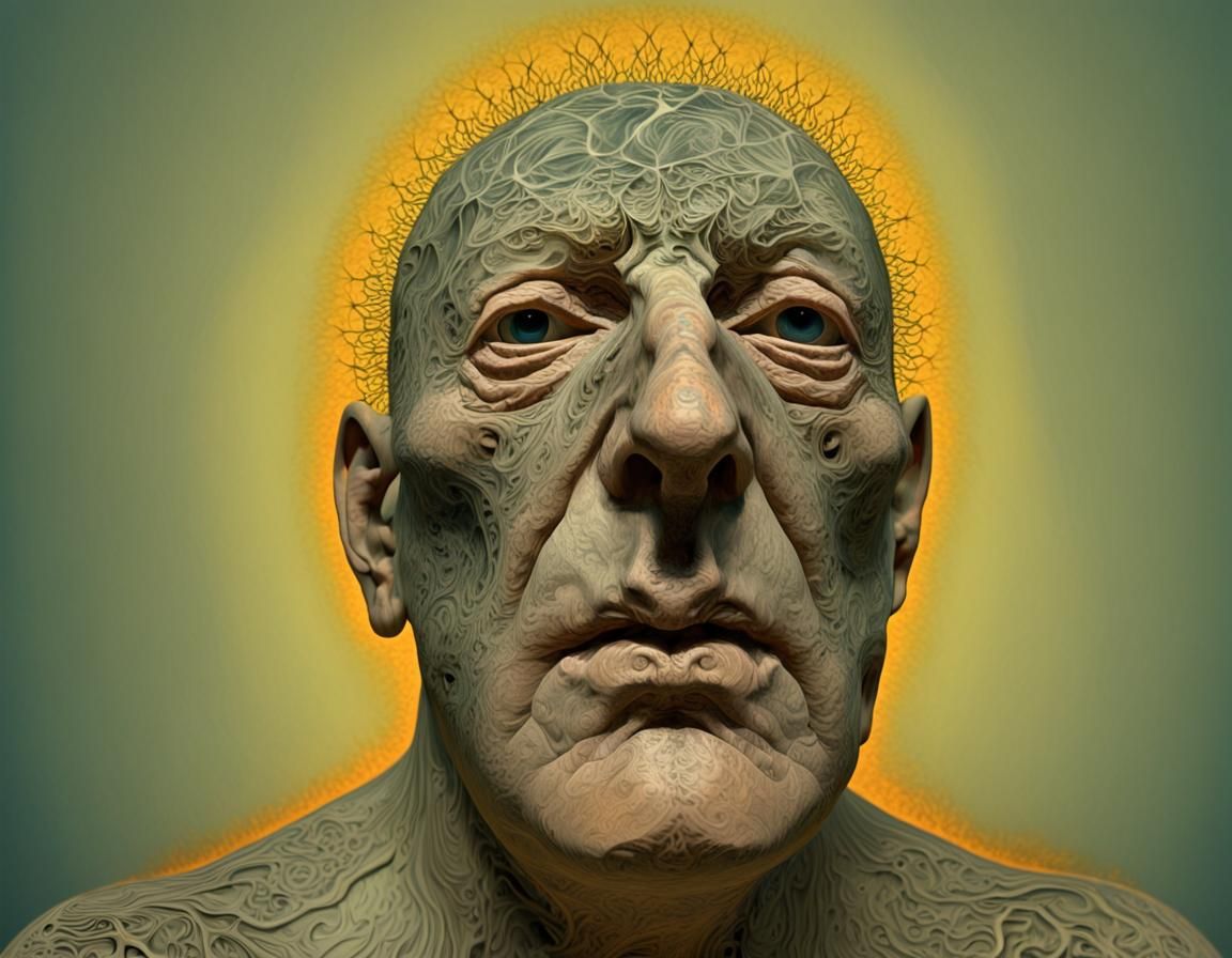 Filigree Fractal Face: Hyperrealistic Color Ink Illustration