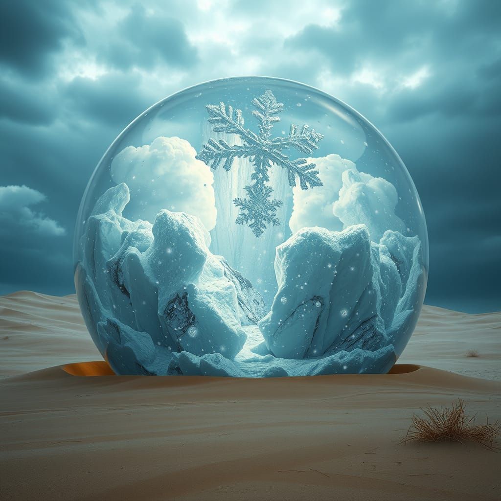 Winter Storm Inside Glass Sphere in Desert