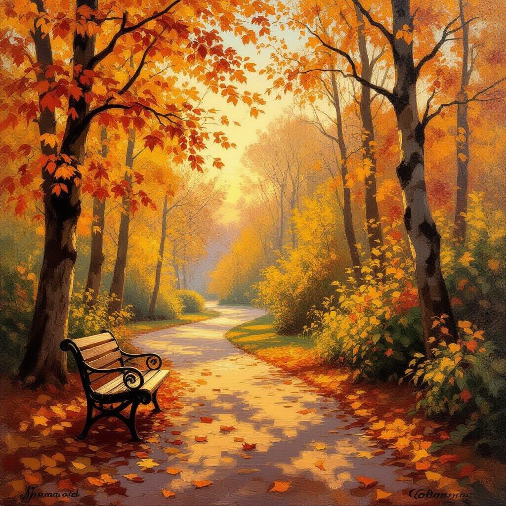Tender Autumn Scene in Golden Light, Impressionist Style