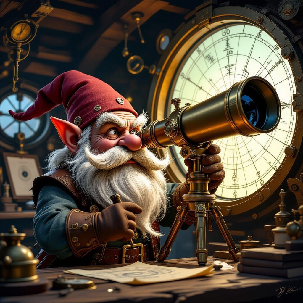Elderly Gnome Peers Through Telescope in Steampunk Workshop
