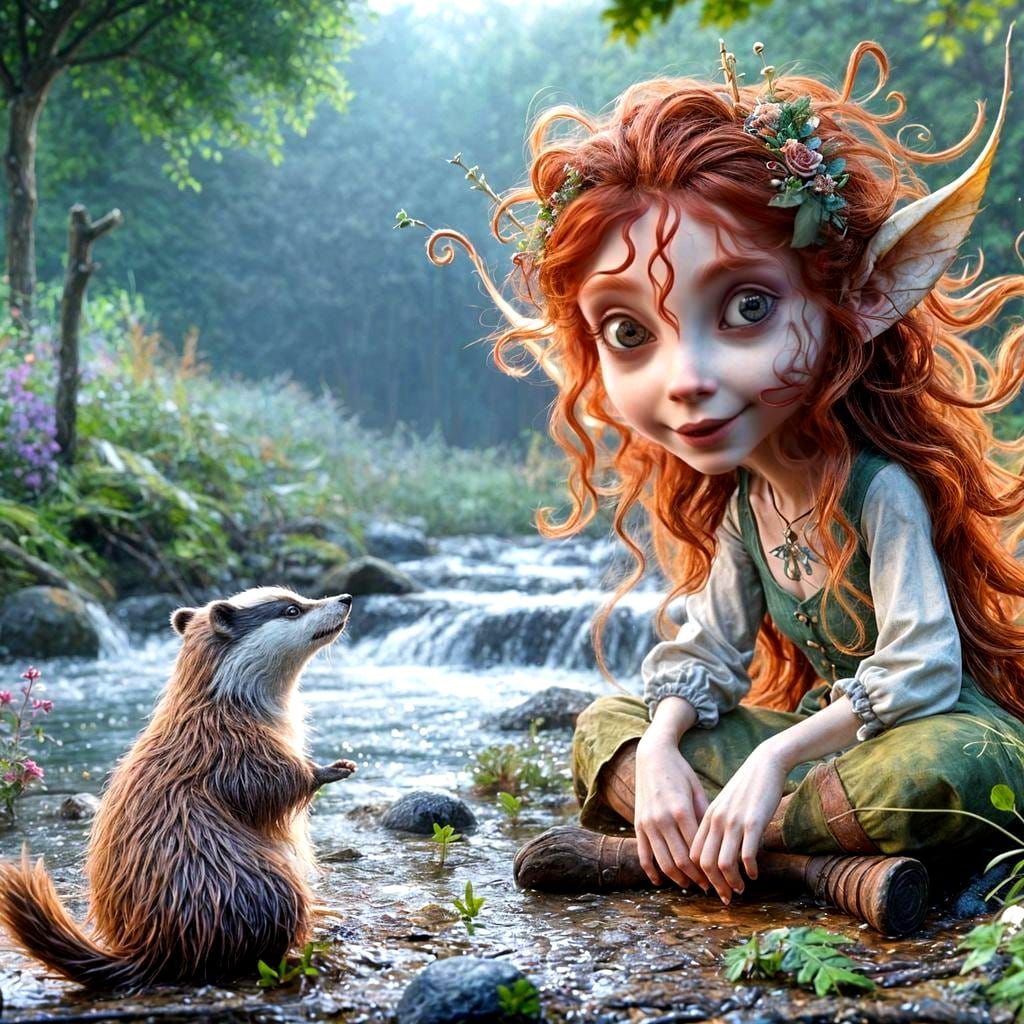 Pixie and Badger Conversation: Whimsical 3D Watercolor