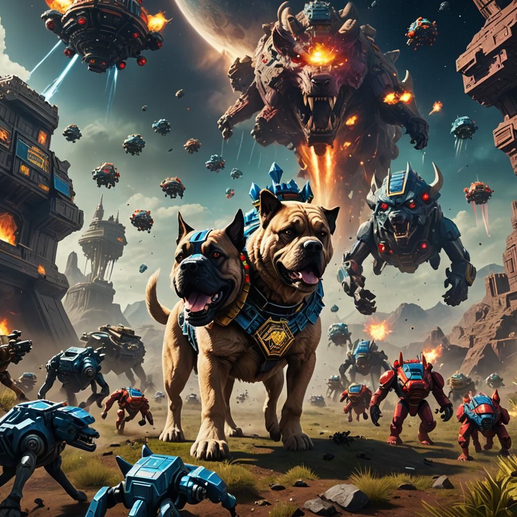 Space Invaders Attack Giant Dog King in Detailed Painting