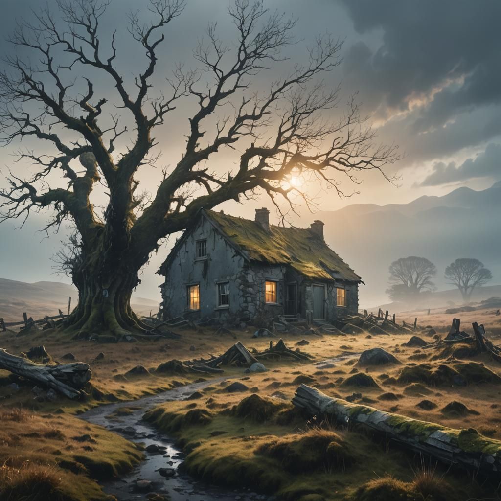 Misty Moorland Farmhouse: Atmospheric Fantasy Art