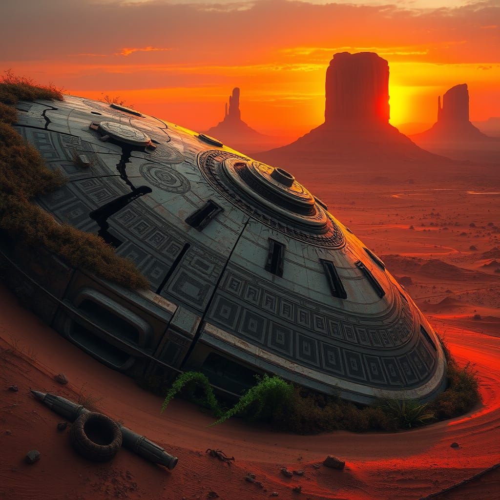 Ancient Alien Saucer in Arid Desert Landscape