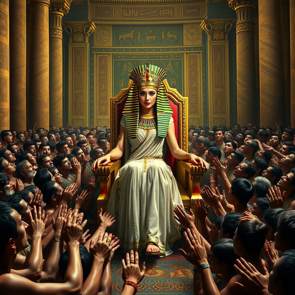 Majestic Cleopatra Receives Adoring Subjects in Egyptian Pal...