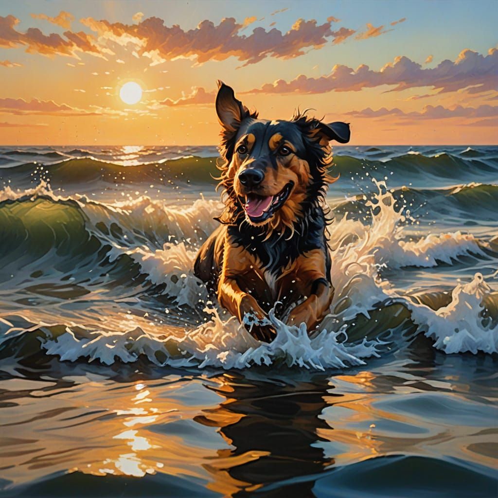 Vibrant Oil Painting of a Dog Swimming in the Ocean