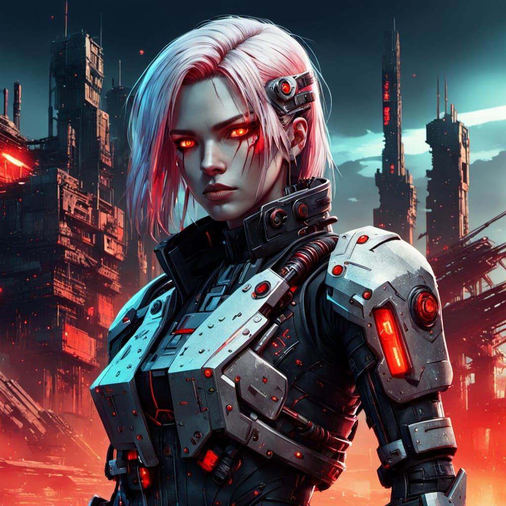 Android in Post-Apocalyptic Cyberpunk Anime Style